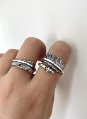 男女泰银印第安箭头羽毛开口戒指