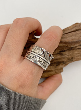 不同银匠 精工手作925纯银雕刻唐草花飞鹰羽毛开口戒指潮男女指环
