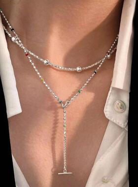 圆珠链925纯银彩虹豆豆锁骨链女