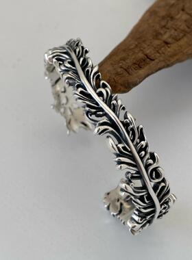 克罗男925纯银藤蔓花纹开口手镯