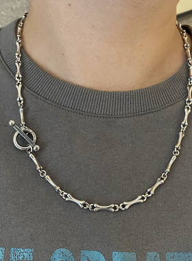 不同银匠 通体925纯银刻骨头项链骷髅字母OT链复古个性潮男毛衣链