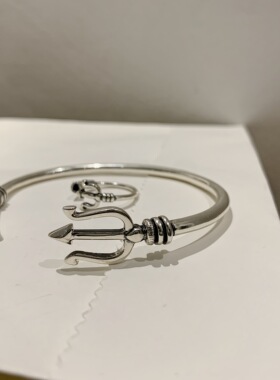 不同银匠 原创925纯银船锚海神三戟叉子开口手镯戒指男女情侣手环