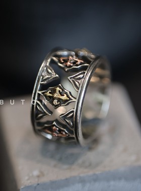 925纯银复古镂空开口戒指十字架