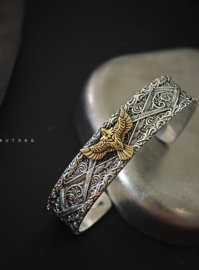 复古高桥风925纯银老鹰羽毛手镯