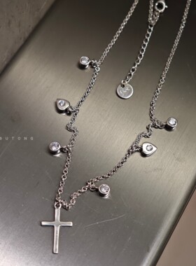 不同银匠 甜酷风925纯银镶嵌白锆石水钻爱心十字架锁骨项链少女生