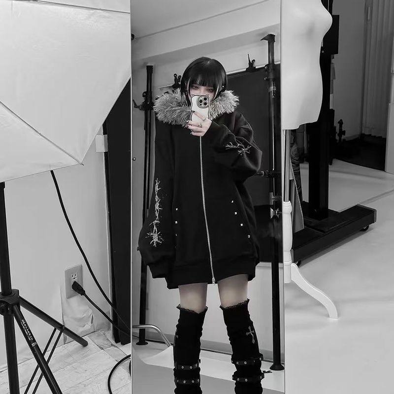 日系暗黑复古辣妹y2k毛领连帽外套秋冬卫衣宽松印花加绒长袖开衫,淘宝优惠券,粉丝福利购,淘宝优惠卷