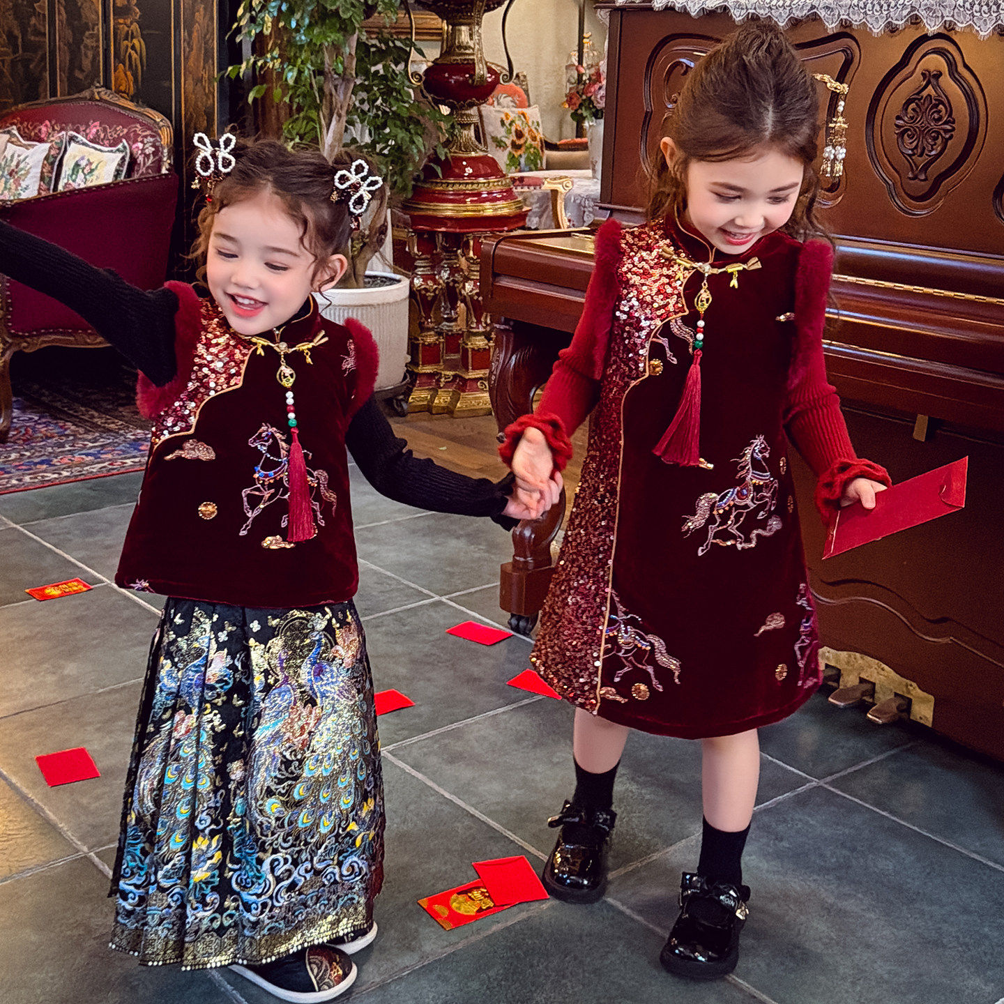 女童旗袍裙2025冬装新款洋气儿童中国风夹棉连衣裙女孩红色新年装,淘宝优惠券,粉丝福利购,淘宝优惠卷