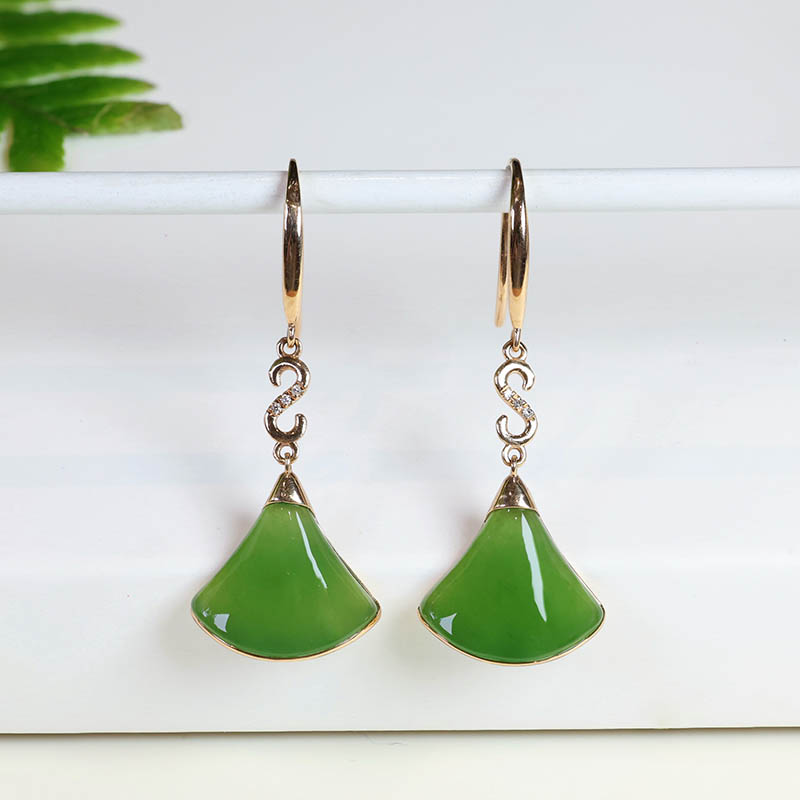 双十一特惠天然和田玉耳环菠菜绿碧玉扇形镶嵌18k金耳坠a货送老婆 - 图3