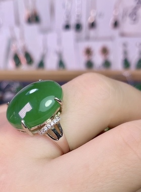 今日限时抢购福利促销款 13×18mm天然正品和田碧玉纯银镶嵌戒指