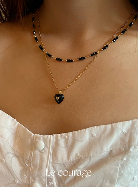 Lecourage黑色珐琅爱心项链耳环