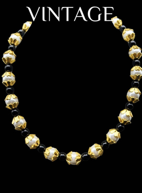 中古Vintage电镀真金重工百搭时尚气质撞色珍珠项链耳环网红套装