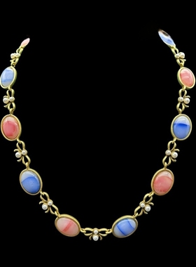 中古Vintage复古椭圆撞色简约蝴蝶结珍珠锁骨项链耳钉高级设计感