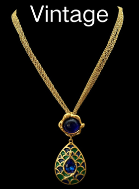 Vintage中古撞色珐琅釉工艺 灵蛇浮雕 重工 气质百搭项链耳钉套装