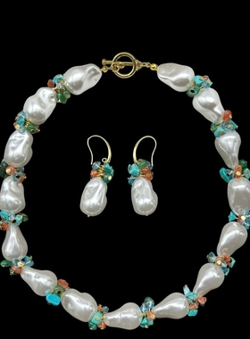 中古vintage碎石异形珍珠串珠项链耳钉套装甜美清新百搭气质高级