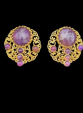 中古Vintage复古重工高级感紫色合成石串珠气质优雅珍珠项链耳钉