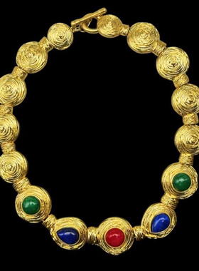 中古Vintage重工电镀真金立体螺旋纹宫廷风气质百搭项链耳钉套装