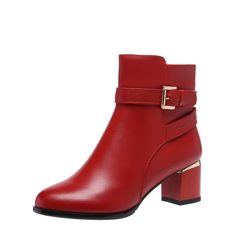 红色短靴女装时新款冬季侧粗跟拉链中跟女靴真皮短筒2023时尚单靴