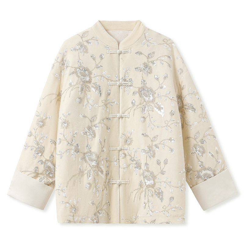 高端版冬季新中式优雅气质亮片刺绣长袖外套新款复古国风设计棉服,淘宝优惠券,粉丝福利购,淘宝优惠卷