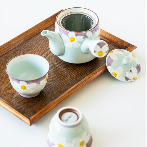 日本进口有田烧手绘紫樱花茶壶急须壶茶杯日式侧把壶功夫茶具套装 - 图0