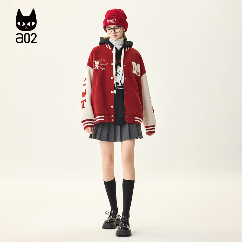 a02秋冬棒球服短外套女本命年红宽松美式学院风刺绣减龄毛呢上衣