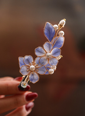 古风蚕丝绒花手工汉服边夹发卡