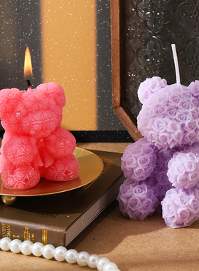 卡卡KA情人节礼物可爱浪漫立体玫瑰花小熊蜡烛香薰摆件烛光晚餐