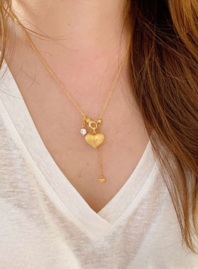 卡卡KA简约创意金属拉丝大颗爱心点缀锆石项链自由调节长短情人节