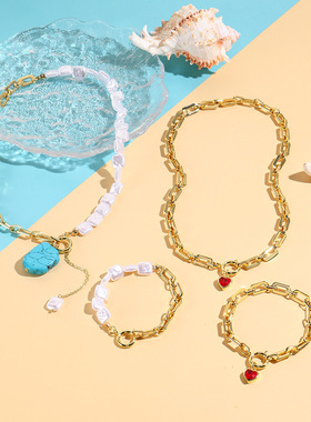 卡卡KA甜酷时尚夸张O型宽链条人造水晶爱心项链质感搭配皮衣体恤