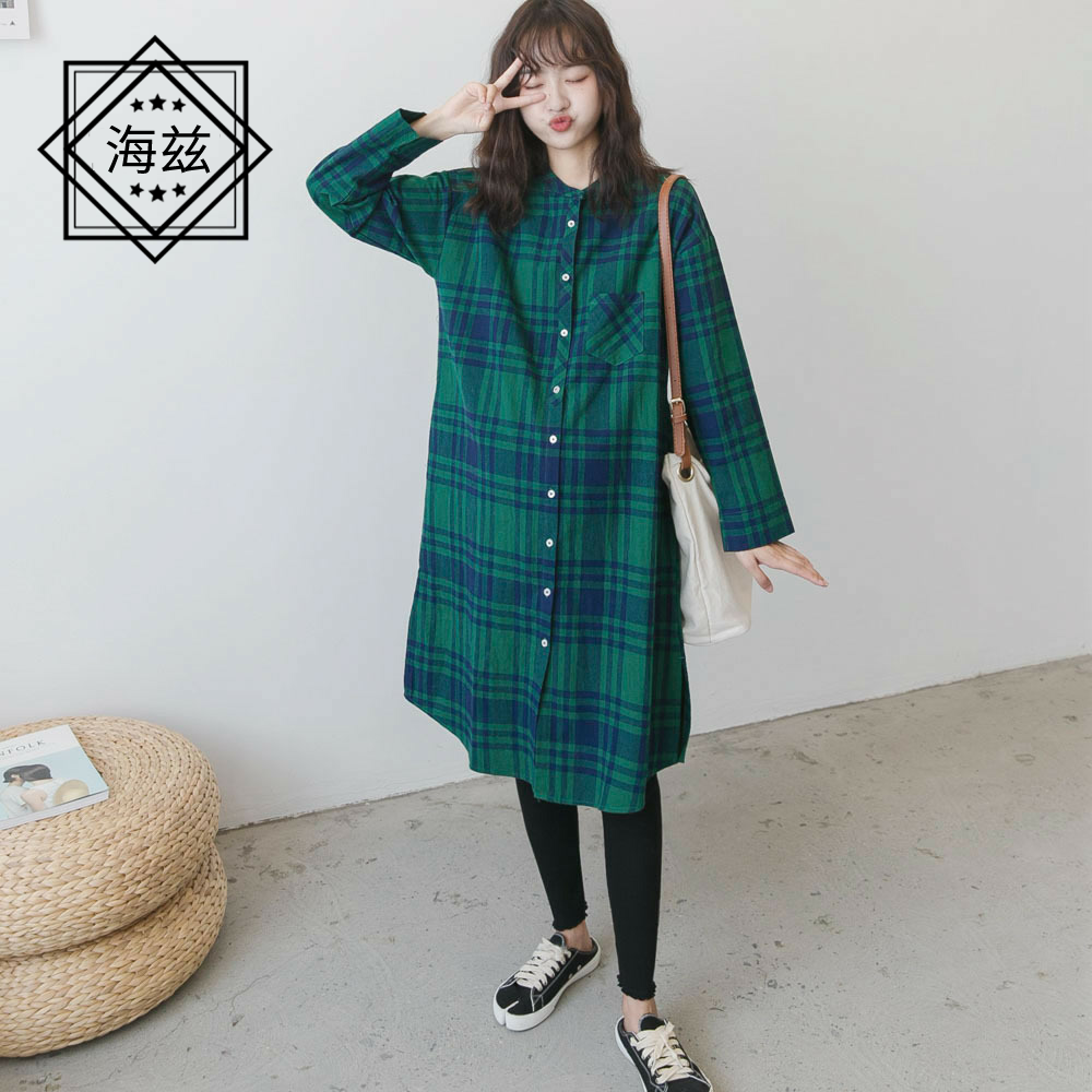 春秋新款孕妇装文艺风立领格子裙 海兹服饰T恤