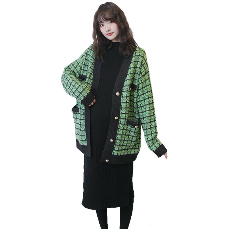春秋孕妇装韩版孕妇针织格子装开衫 海兹服饰T恤