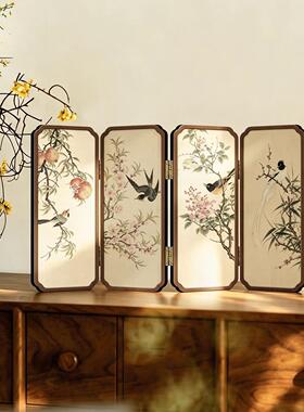 中古风花鸟图桌面小屏风餐厅玄关斗柜艺术摆件新中式高级感装饰画
