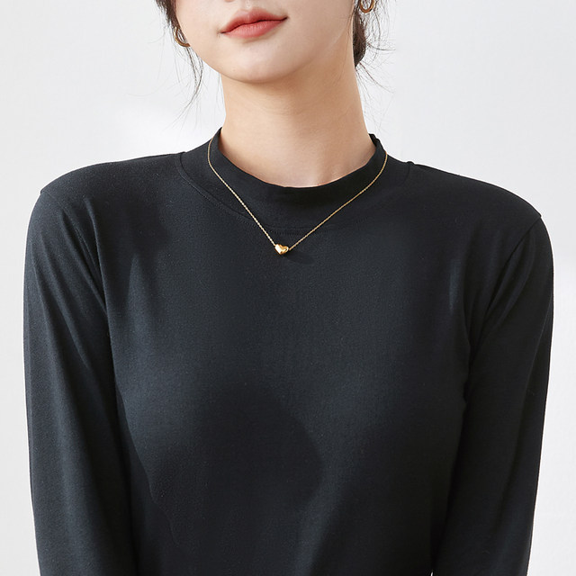 Women's long-sleeved half turtleneck pure cotton T-shirt