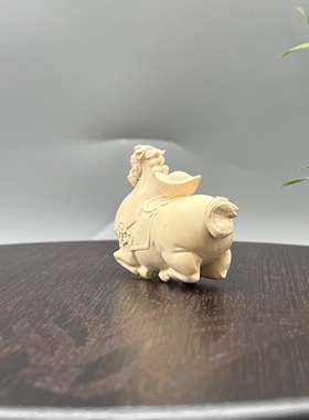黄杨木唐马马上有钱文玩摆件