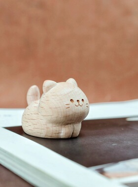 可爱榉木雕猫咪摆件手工动物造型