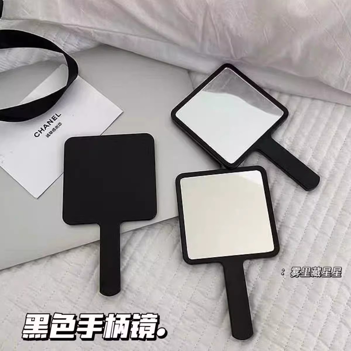 Ins style portable black simple handheld makeup mirror