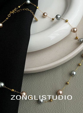 纵里多色珍珠长款锁骨链手链