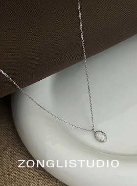 小众椭圆欧泊银色精致锁骨链