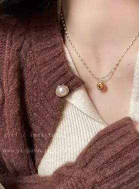 复古仿虎眼石项链女高端大气吊坠锁骨链法式复古配饰