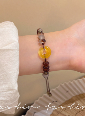 新中式棕色平安扣手链女轻奢小众精致仿玛瑙串珠手串高级感手饰品