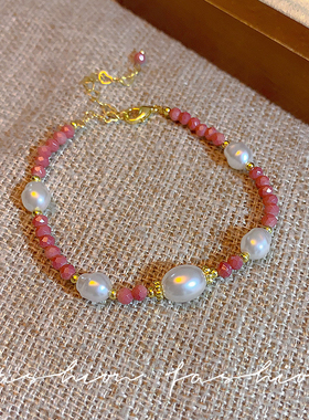 复古珍珠手链女少女心甜美粉色串珠手串仿天然石手环手上品