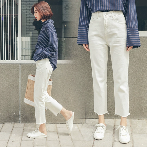 Белые цветные джинсы, тонкие летние штаны для школьников, свободный прямой крой, высокая талия, в корейском стиле
