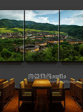 福建客家土楼装饰村寨建筑挂画传统古民居围龙屋风景酒店饭店壁画