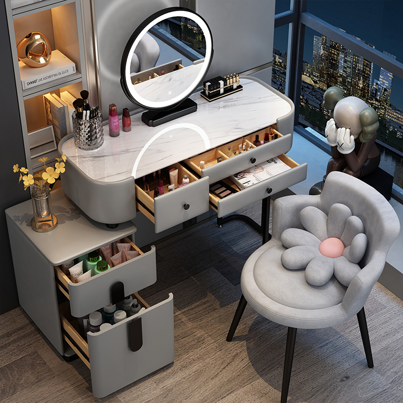 实木岩板梳妆台玻璃轻奢高级卧室现代简约小户型收纳柜一体化妆桌 - 图0