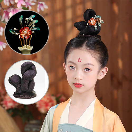 儿童飞天假发汉服造型头饰套装古装发包唐风明宋发髻可爱日常发包 - 图0
