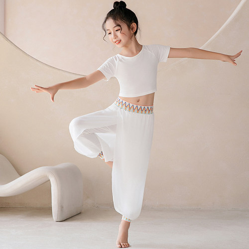 儿童亲子瑜伽舞蹈练功民族风白色枣红纱裤飘逸拍照团体户外表演服 - 图2