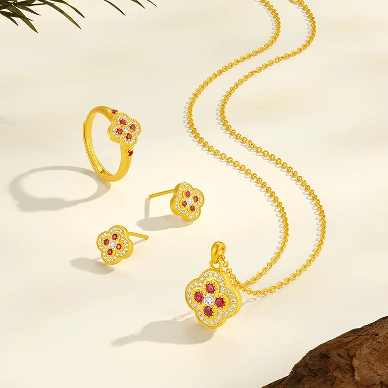Trendy Acer Huayun gold diamond necklace earrings ring solid gold ruby set chain earrings women's ring inlaid with diamonds