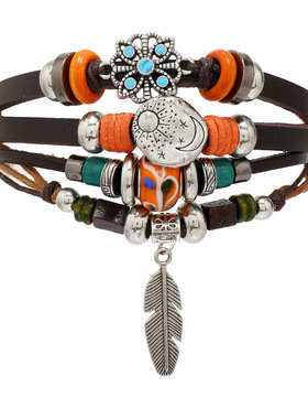 新款民族风复古多根穿珠羽毛绿松石琉璃翅膀皮质手链
