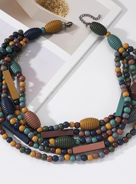 欧美时尚民族风波西米亚复古夸张多层串珠项链女手工necklace wom