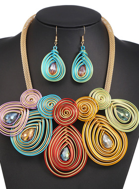 非洲新娘项链套装夸张铝条镶嵌玻璃珠流苏项链宴会饰品necklaces