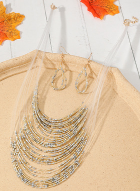 多层米珠女士项链耳环套装手工鱼线米珠项链欧美时尚外贸饰品2025